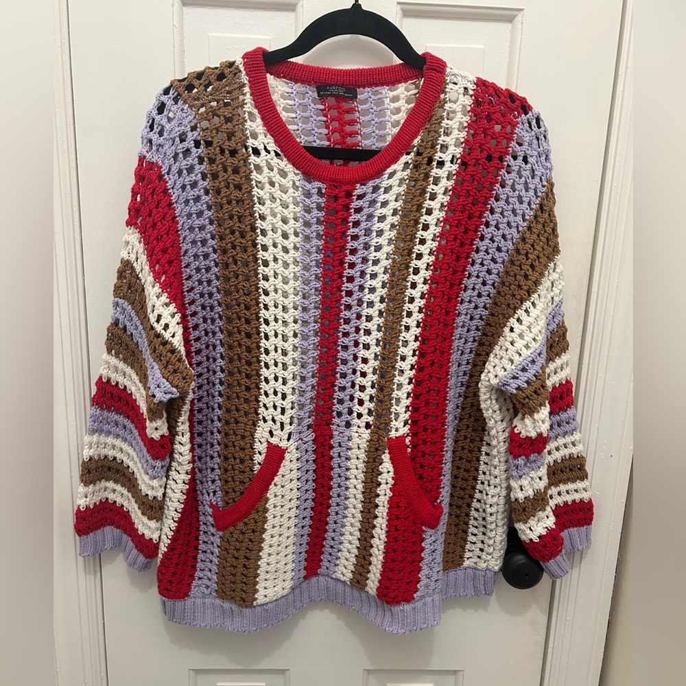 PARFOIS OPEN WEAVE SWEATER WITH RED, BROWN, CREAM, LAVENDER STRIPES SIZE MEDIUM